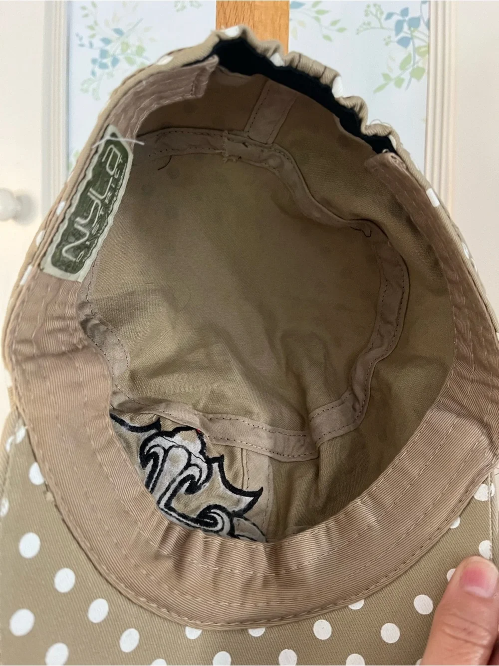 Tan Polka Dot Cap with Rhinestone Cross Applique